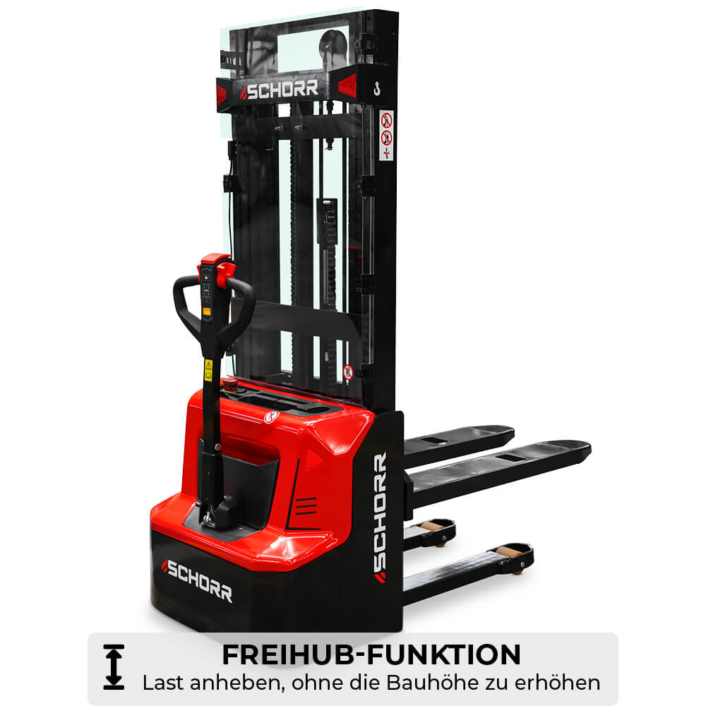 SCHORR Elektro Hochhubwagen PRO+ mit Freihub 1300KG (2,9m - 4,3m Hubhöhe)