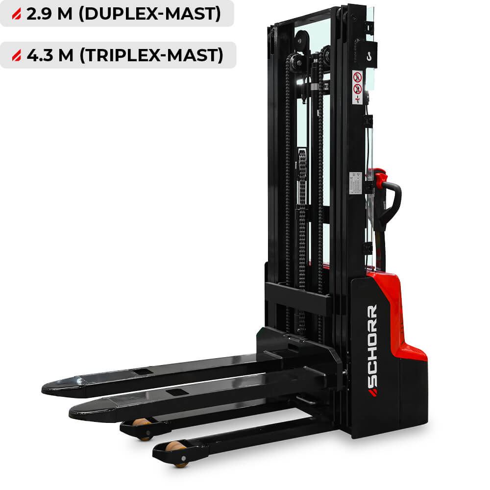 SCHORR Elektro Hochhubwagen PRO+ mit Freihub 1300KG (2,9m - 4,3m Hubhöhe)