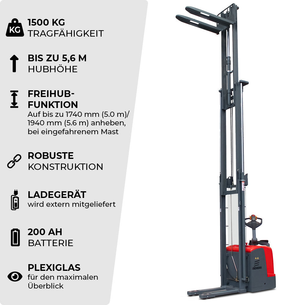 SCHORR Elektro Hochhubwagen Ultra 1500KG Freihub (5m - 5,6m Hubhöhe)