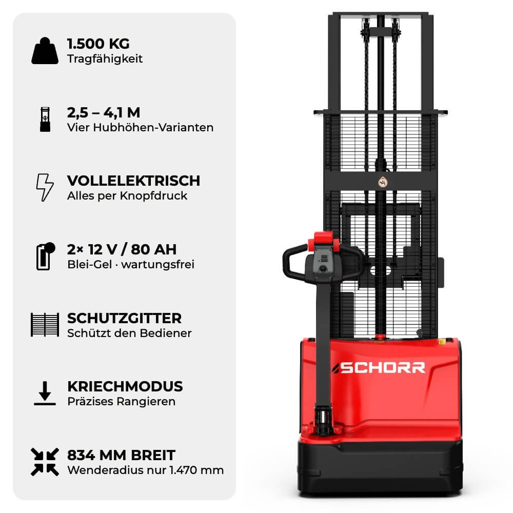 SCHORR Elektro Hochhubwagen PRO 1500KG (2,5m - 4,1m Hubhöhe)