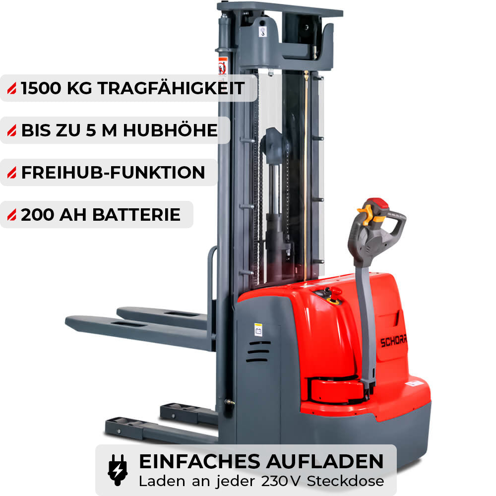 SCHORR Elektro Hochhubwagen 1500KG Freihub (4,5m - 5,6m Hubhöhe)
