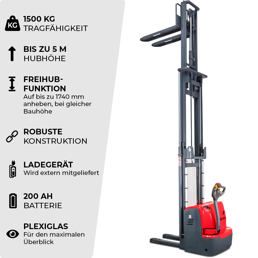 SCHORR Elektro Hochhubwagen 1500KG Freihub (4,5m - 5,6m Hubhöhe)