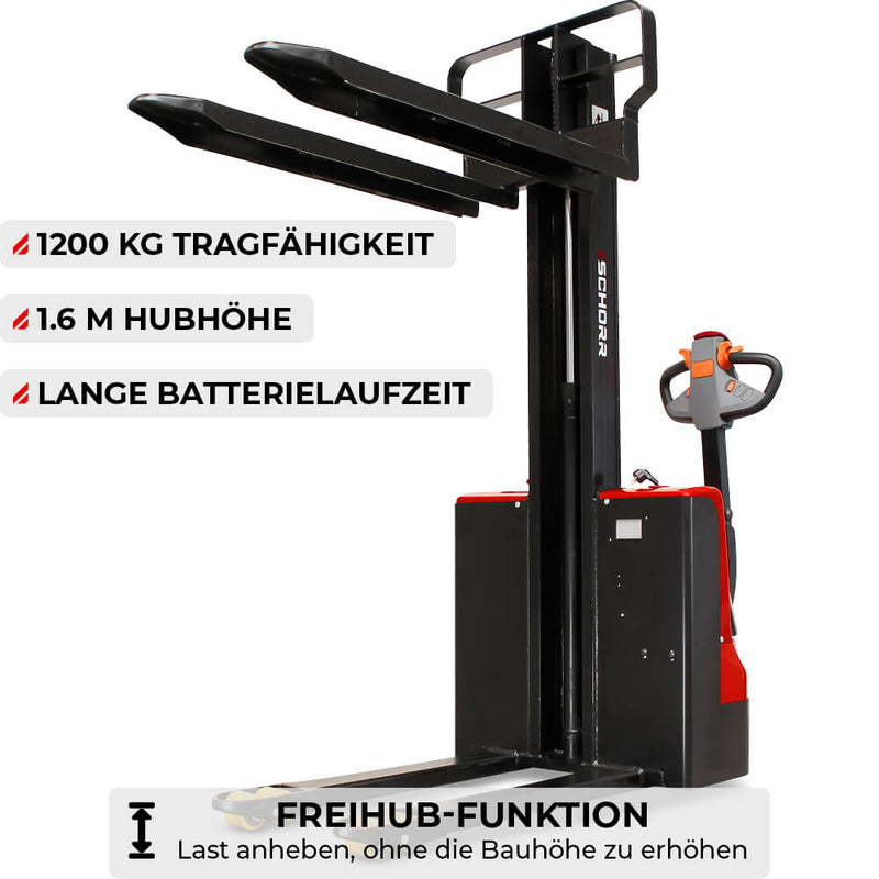 SCHORR Elektro Hochhubwagen 1200KG Monomast Freihub (1,6m Hubhöhe)