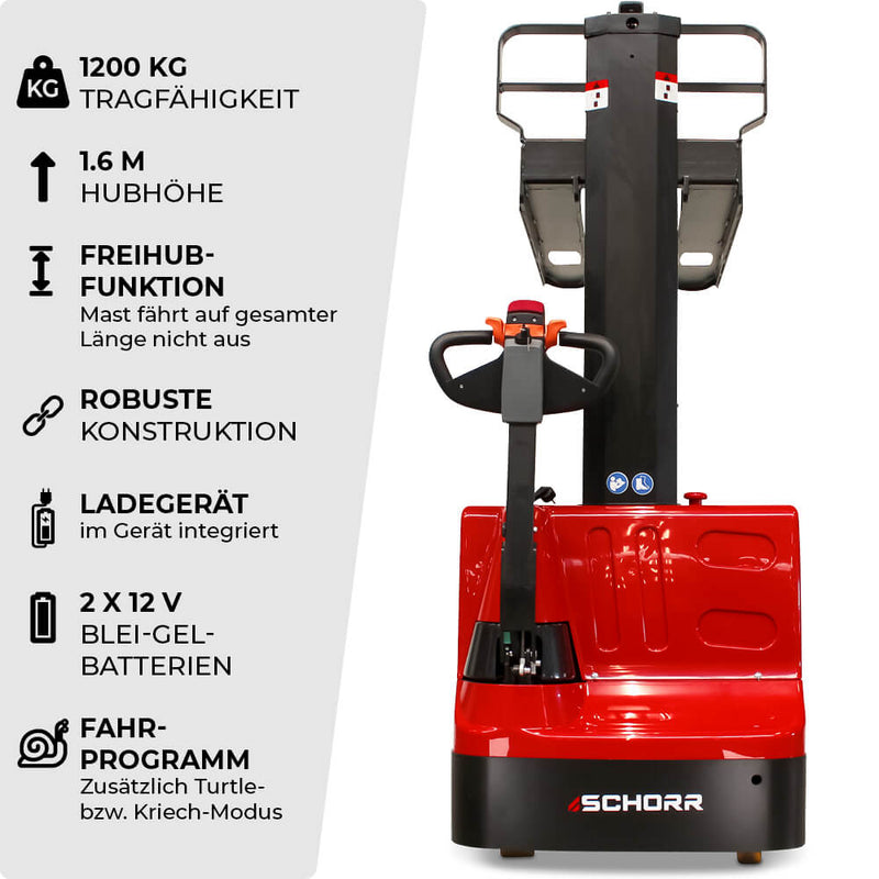 SCHORR Elektro Hochhubwagen 1200KG Monomast Freihub (1,6m Hubhöhe)