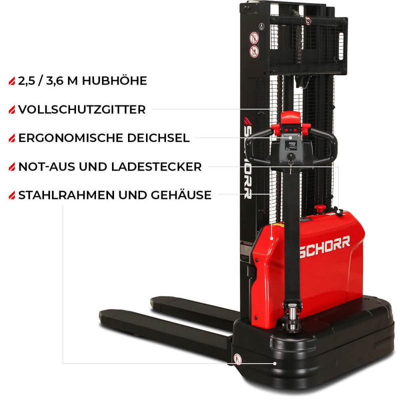 SCHORR Elektro Hochhubwagen PRO-Version 1200KG (2,5m - 3,6m Hubhöhe)