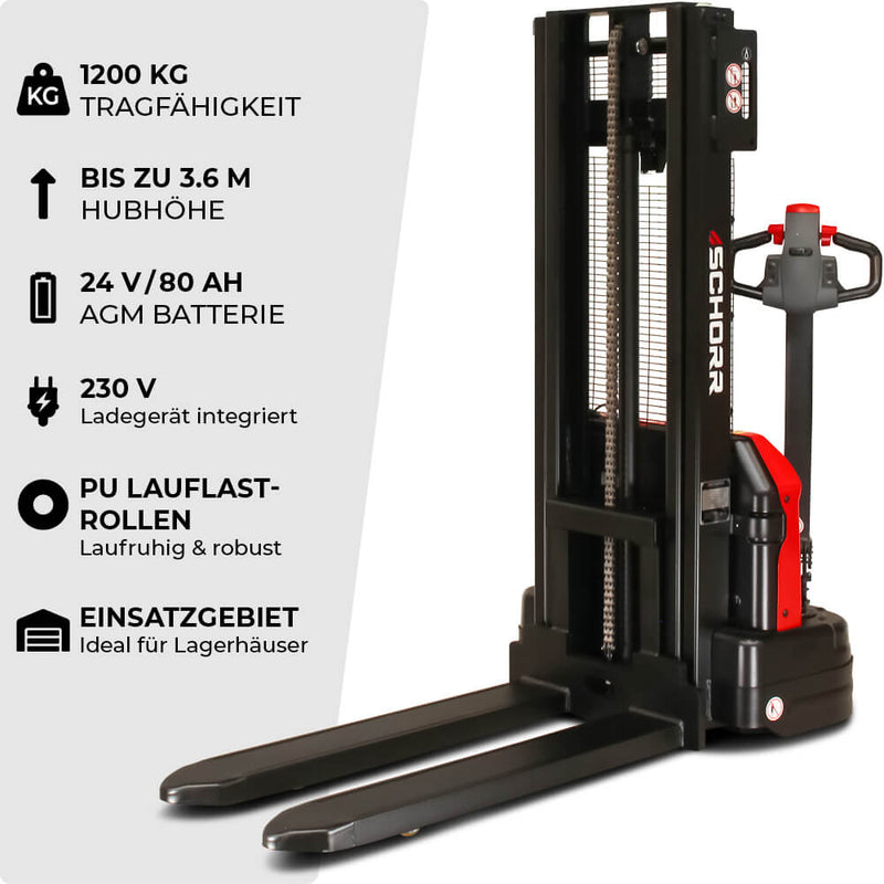 SCHORR Elektro Hochhubwagen PRO-Version 1200KG (2,5m - 3,6m Hubhöhe)