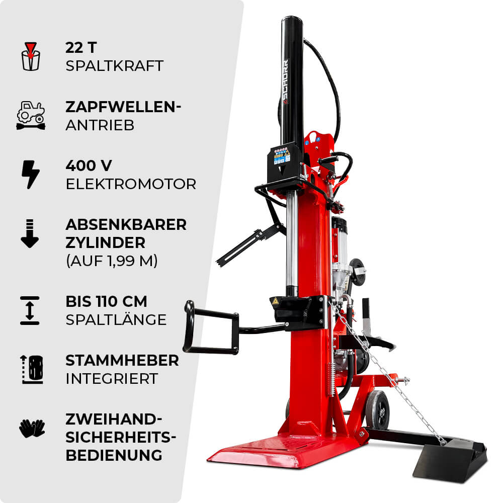 SCHORR Holzspalter 22t HS-22PE PRO Zapfwelle + Elektro 400V Spalter stehend inkl. Stammheber