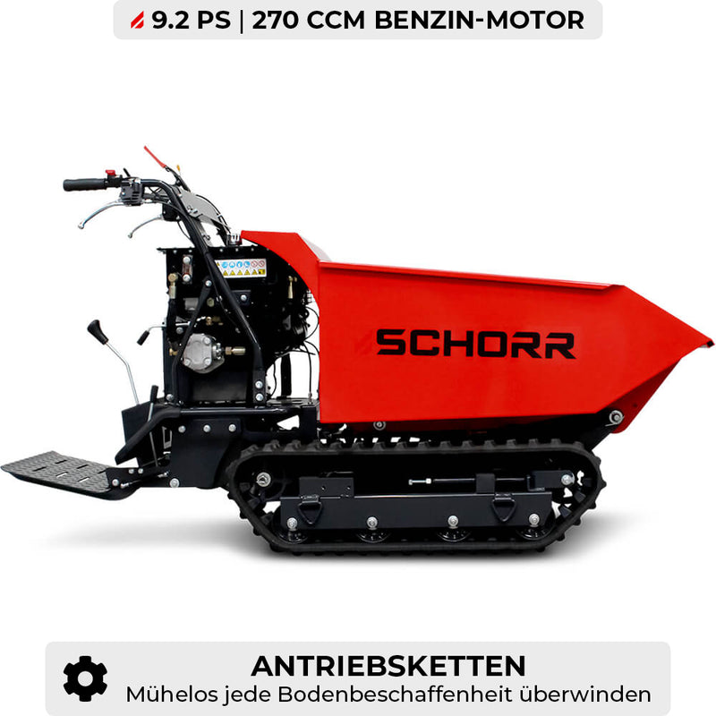 SCHORR Minidumper RR500DHKA2 PRO 500kg Mulde mit Kipphydraulik und Mitfahrplattform 9,2 PS Motor Raupendumper