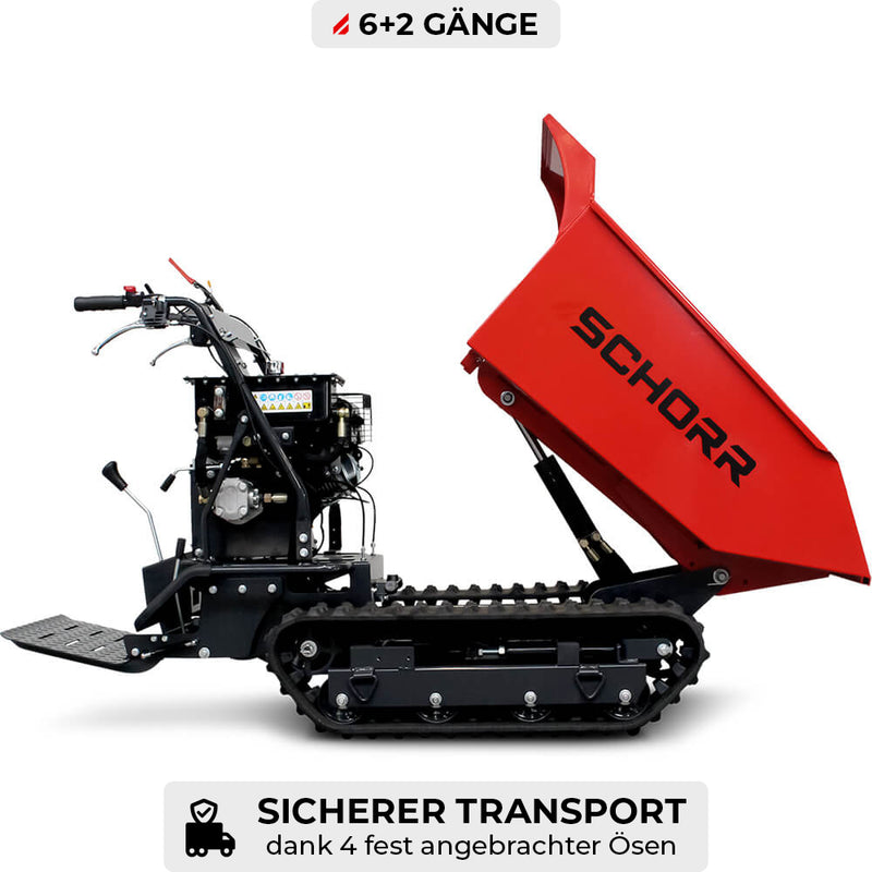 SCHORR Minidumper RR500DHKA2 PRO 500kg Mulde mit Kipphydraulik und Mitfahrplattform 9,2 PS Motor Raupendumper