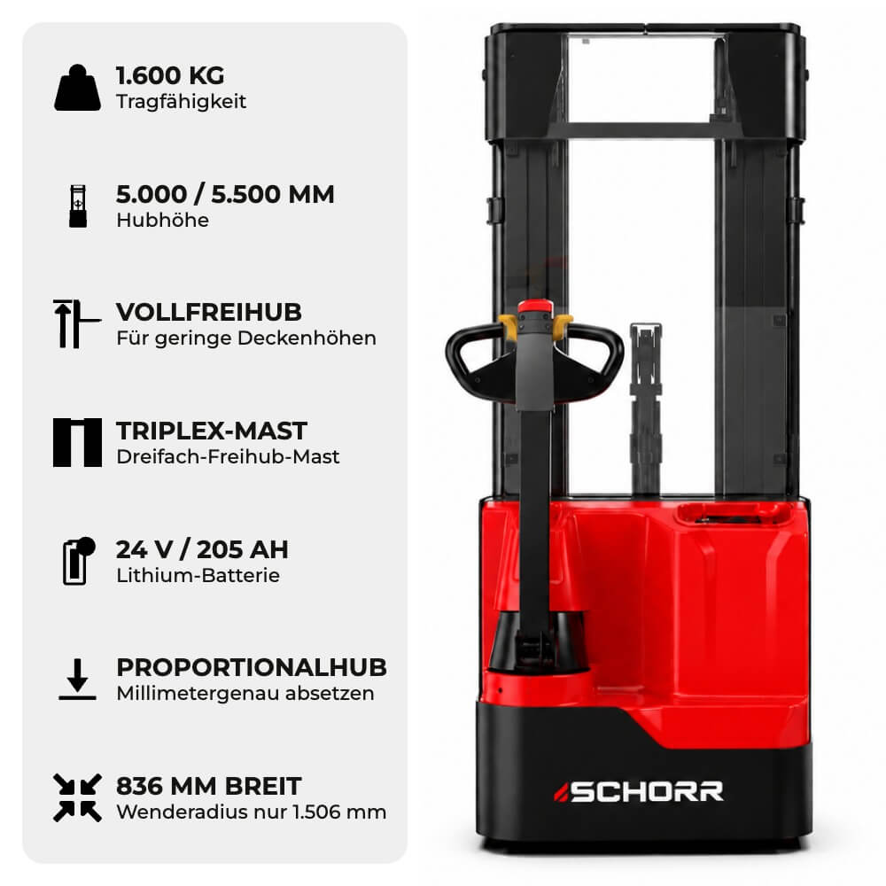 SCHORR Elektro Hochhubwagen Ultra 1600KG Freihub Lithium (5m - 5,5m Hubhöhe)