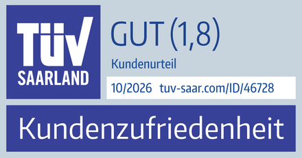 TÜV Saarland Siegel Kundenzufriedenheit: Kundenurteil GUT (1,8), 10/2026